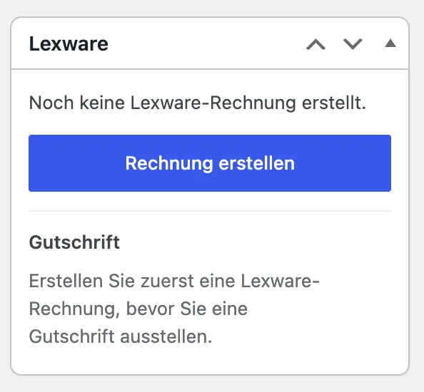 Box Lexware in der Bestellung ohne Rechnung: Schaltfläche Rechnung erstellen und Hinweis zur Gutschrift